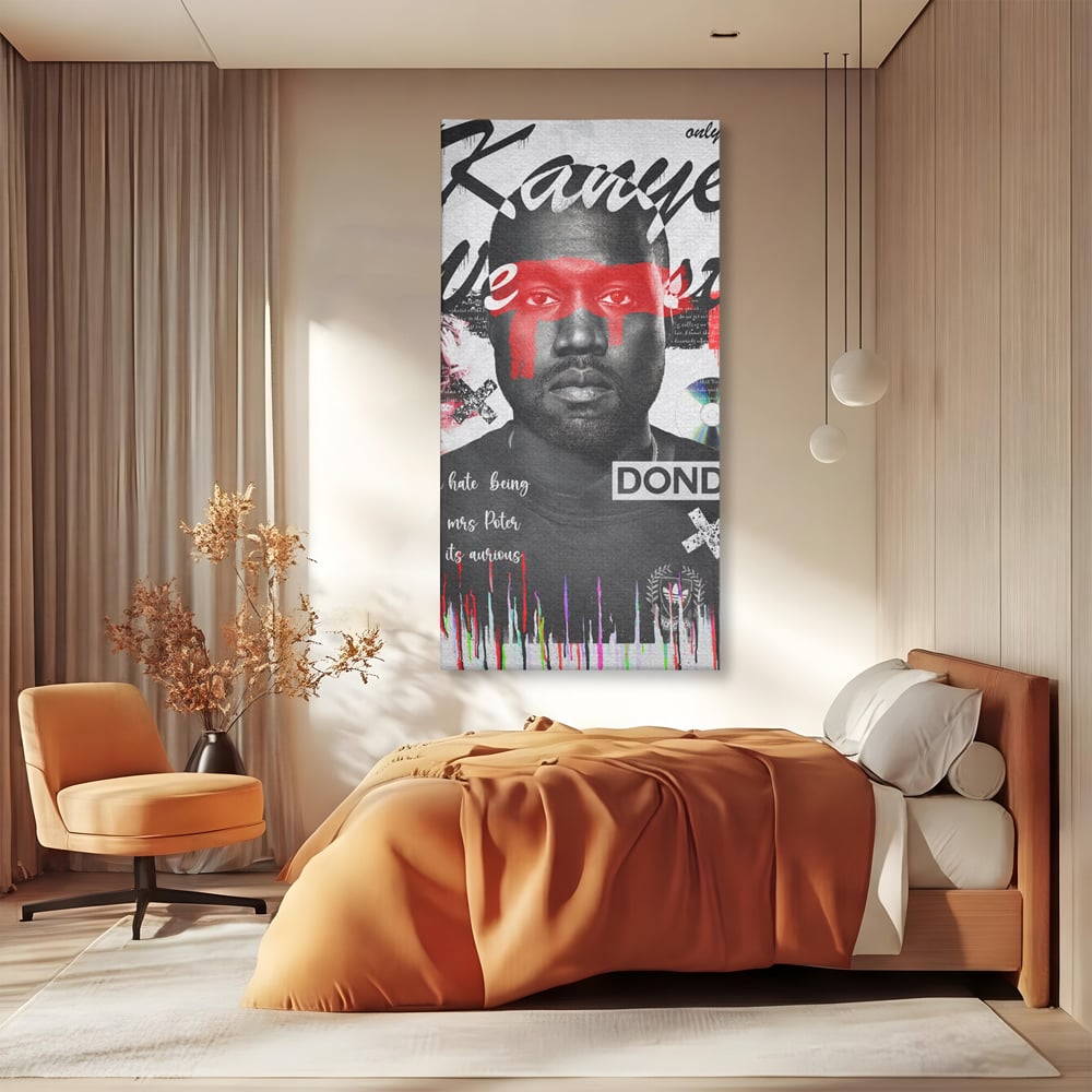 Tablou canvas cu tablou canvas cu portretul stilizat al lui kanye west, fara rama, pe sasiu de lemn, pe perete intr-un dormitor